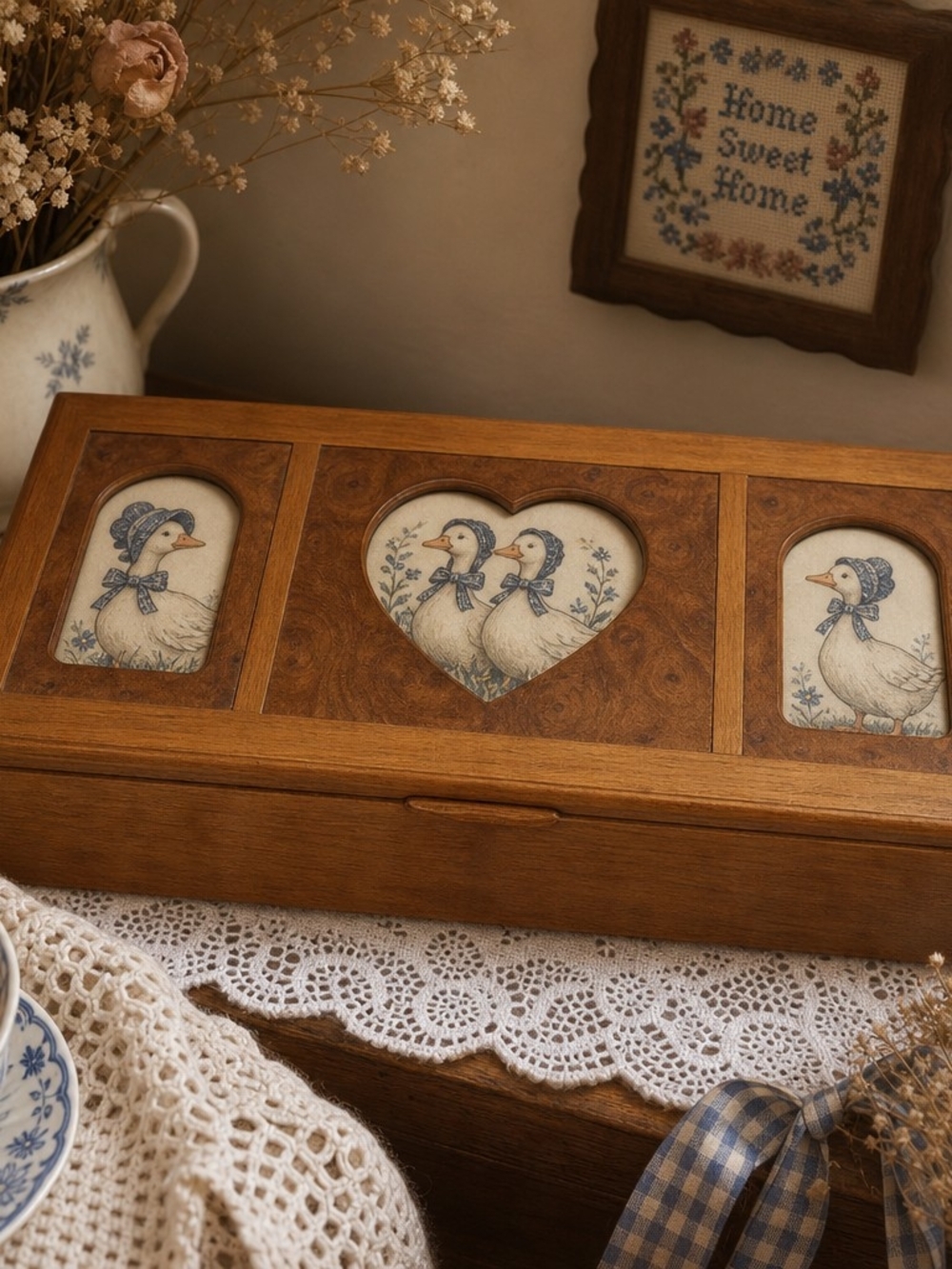 Vintage Wooden Keepsake Box with Photo Frame Lid